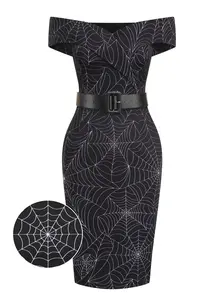 BLACK 1960S OFF-SHOULDER SPIDER WEB DRESS Formal Wear Womenswear Vintage Charm Design