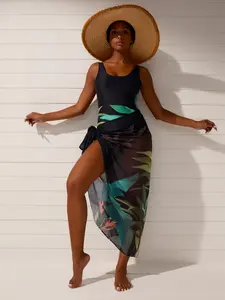 Tropical Leaf Print Swimsuit Women 2 Piece Set One Piece Swimsuit Sarong Skirt Beachwear Removable Pads Black Green