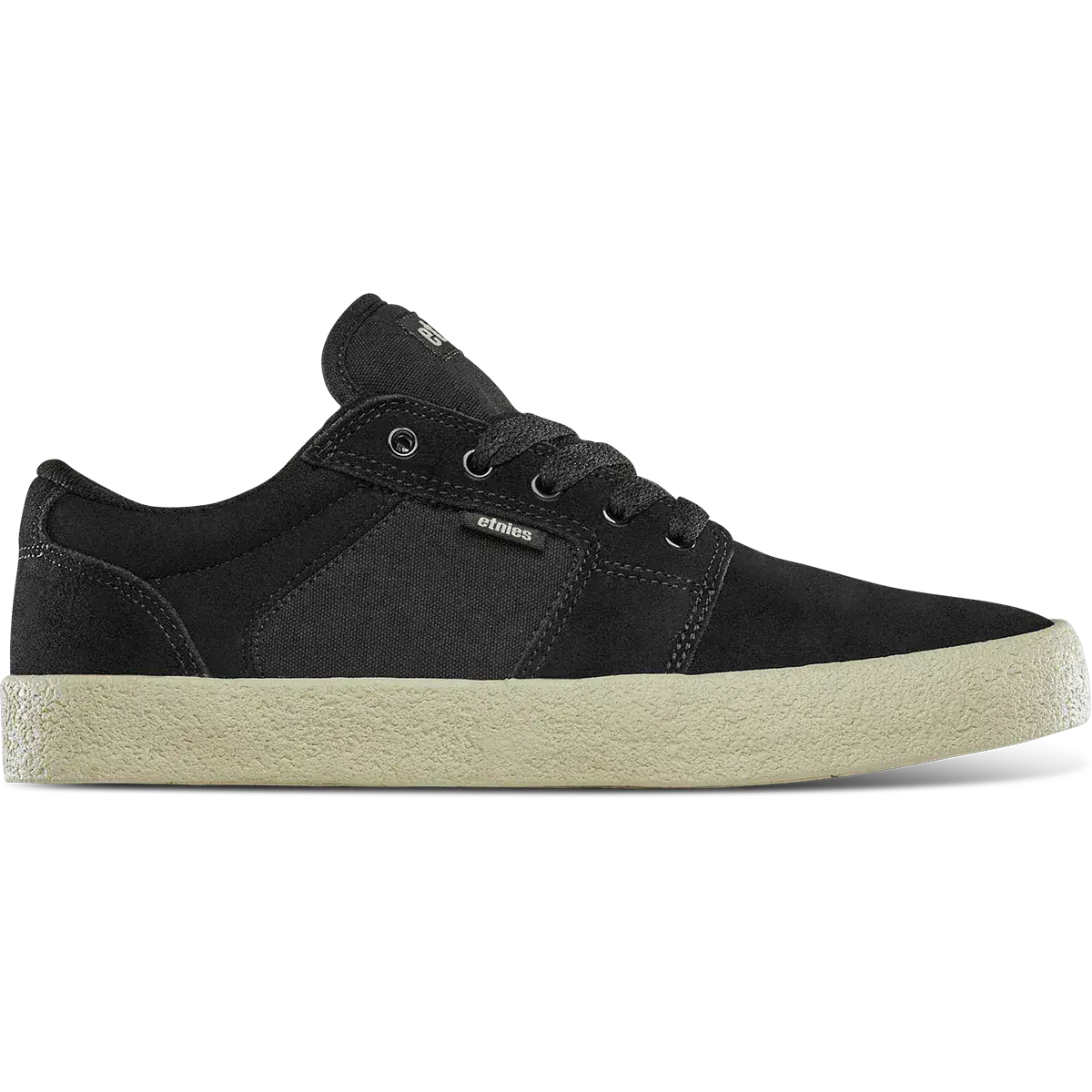 ETNIES Barge LS Boys' Low-Top Skateboarding Shoe - Black Suede Panel & Canvas, Round Toe, Closed Toe, Laces, Padded Tongue, Flexible Vulcanized Sole, All Weather Grip, Foam Lite Casual Sports Trainers
