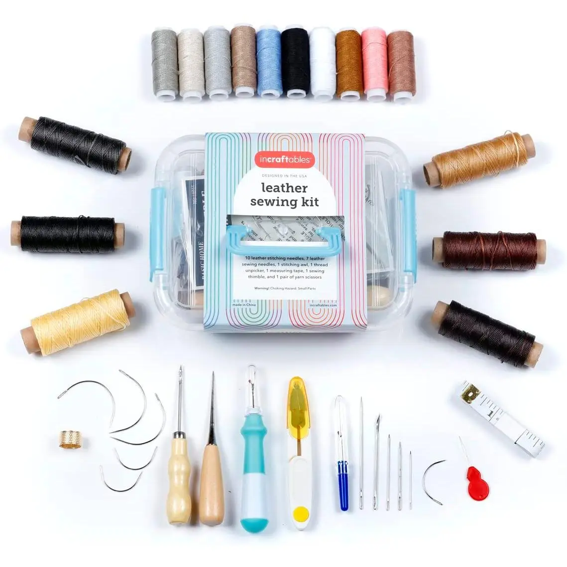 Incraftables Upholstery Needles for Hand Sewing Kit. Best Heavy Duty Leather Sewing Kit Working Tools. Upholstery Repair Kit with Waxed Thread Cord, Needles & Tape for Stitching, Craft & Shoe Repair