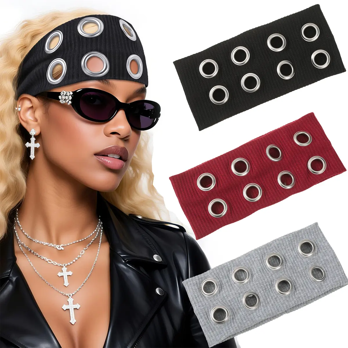 AWAYTR Women Y2K Hollow Out Eyelets Elastic Headband Punk Grunge Fashion Wide Headband Grommet Eyelet Design Hairband Black Stretchy Head Bands for Girls