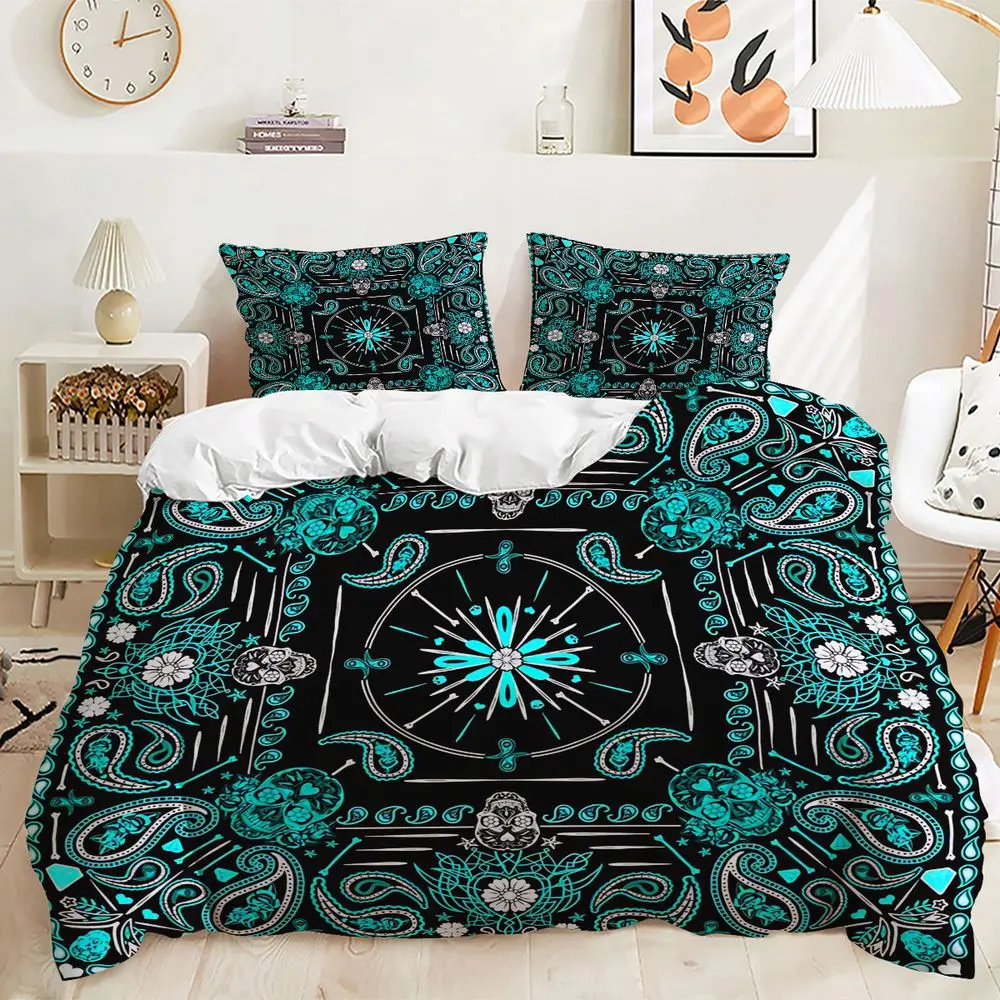 2/3Pcs Vibrant Turquoise Sugar Skull Duvet Cover Set, Bold Bandana-Style Bedding Set with Floral Accents, for Unique Bedroom Decor, Soft and Comfortable for a Stylish Sleep Experience! Includes 1 or 2 Pillowcase - No filling/Zipper Closure