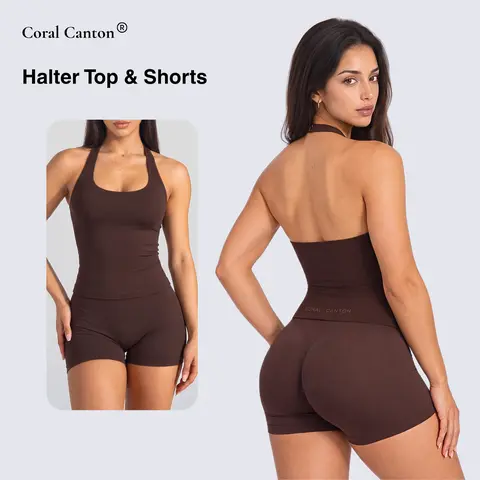 Coral Canton Women's Fitted Seamless 2-Piece Halter Top & Sports Shorts Set - Trendy Stretchy Activewear Outfit for Running, Yoga, Gym Workouts, Fitness Training and Everyday Sports Activities