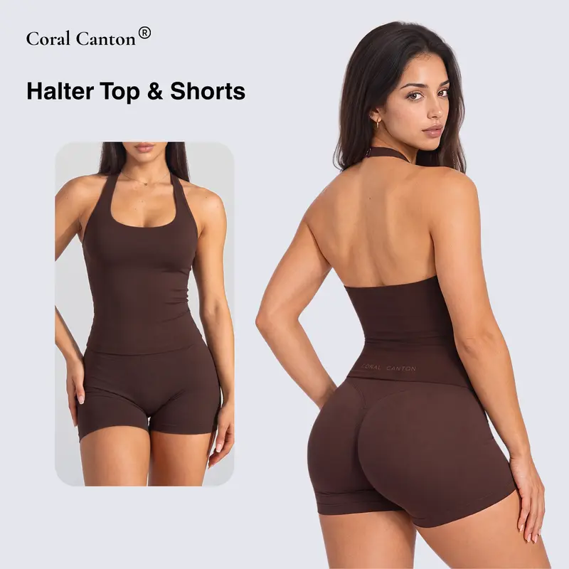 Coral Canton Women's Fitted Seamless 2-Piece Halter Top & Sports Shorts Set - Trendy Stretchy Activewear Outfit for Running, Yoga, Gym Workouts, Fitness Training and Everyday Sports Activities
