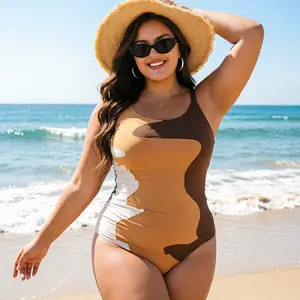 FreeBody plus-size asymmetrical color-block contrast one-piece swimsuit, waist-cinching figure-flattering swimwear, one-piece swimsuit with adjustable thin straps, slimming plus-size swimwear, women’s swimsuit, women’s tankini, mom swimwear
