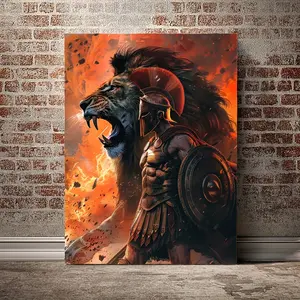 Spartan Warrior & Lion Canvas Art Print, 30.48x40.64cm - Inspirational Wall Decor for Living Room, Bedroom, Office - Frameless Vintage Mediterranean Style Poster
