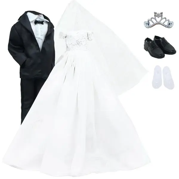 Wedding set: white bridal dress, bridal veil, and groom formal attire; suitable for boys and girls; 11.5-inch doll clothing size.