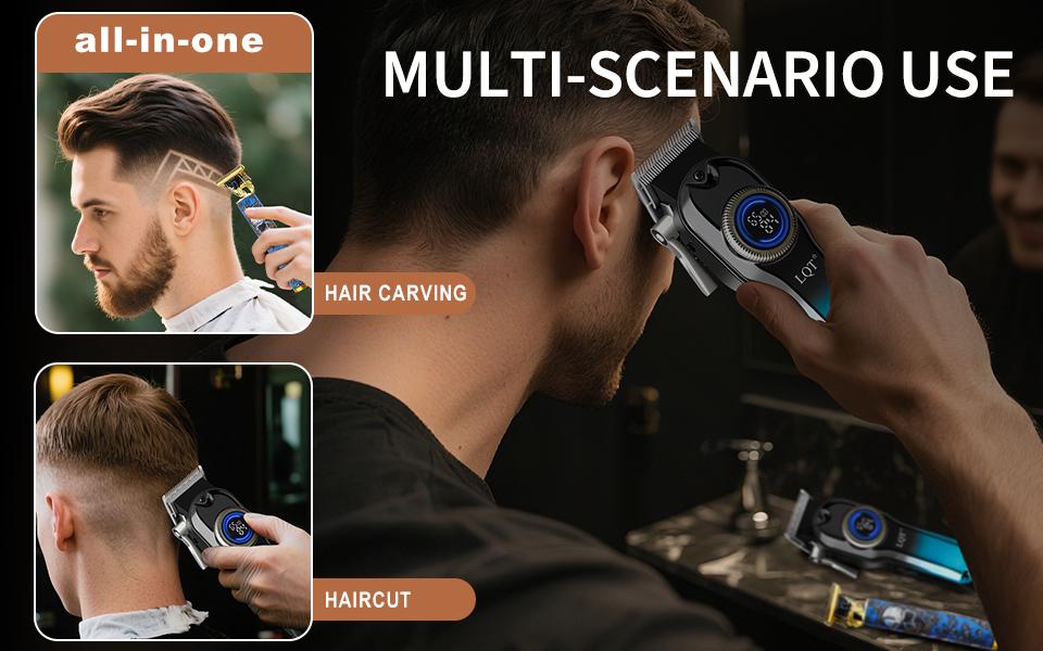 LQT Blue Gradient Skull Graffiti 2-in-1 Men's Grooming Kit, Cordless Hair Clipper with LED Display, Gold T-Blade Trimmer, Complete Rechargeable Barber Set for Salon & Home DIY Fades, Edges & Beard Styling