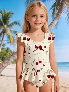 Summer Girls' Beige and Burgundy Cherry Bow Print Ruffle One-Piece Swimsuit: Features a skirted cut that covers the tummy, with a sweet, retro style—perfect for playing in the water at the beach or pool Ruffle Trim Swimsuit