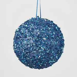 Large Blue Beaded & Sequin Adorned Christmas Ball Ornament - 6"