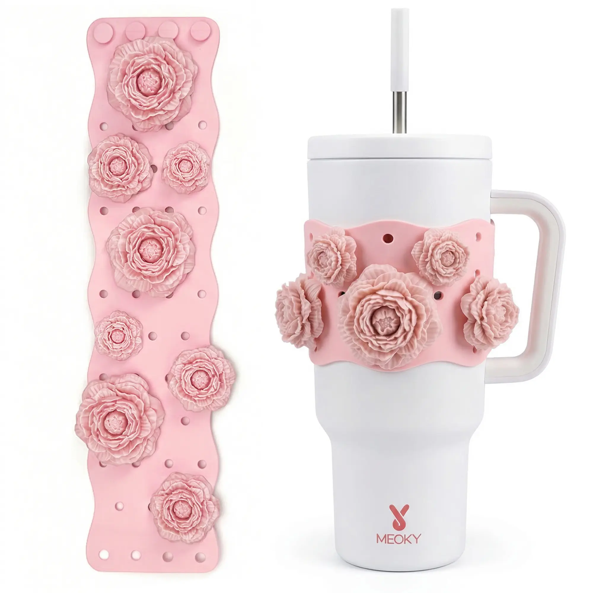 DIY Silicone Cup Sleeve, 40oz Tumbler Water Bottle Accessory & Decorative Cover, Soft Reusable Protector to Prevent Scratches, Easy Install with 9 Flower Charms for Most 40oz Tumblers #backtoschool#backtoschoolseason
