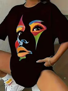 Women's Plus Size Casual Sporty T-Shirt, Abstract Face Print, Comfort Fit Short Sleeve Tee, Fashion Breathable Casual Top S