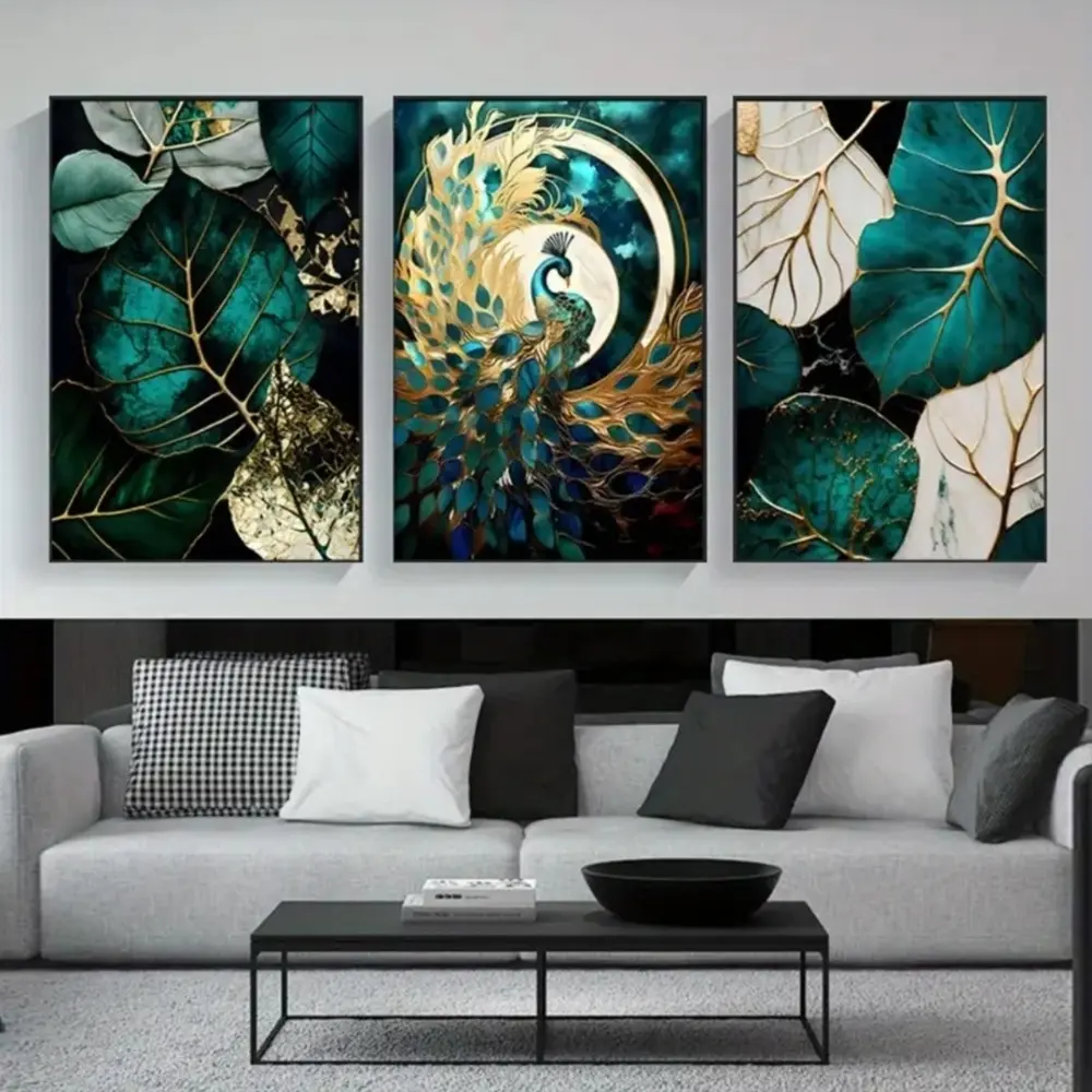 3 Pieces Optional Wooden Frame Emerald Green Gold Wall Art Modern Art Design Abstract Gorgeous Peacock Pattern Home Decor Decor Salon Picture Mural Luxury Atmospheric Style Art Wall Decoration