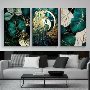 3 Pieces Optional Wooden Frame Emerald Green Gold Wall Art Modern Art Design Abstract Gorgeous Peacock Pattern Home Decor Decor Salon Picture Mural Luxury Atmospheric Style