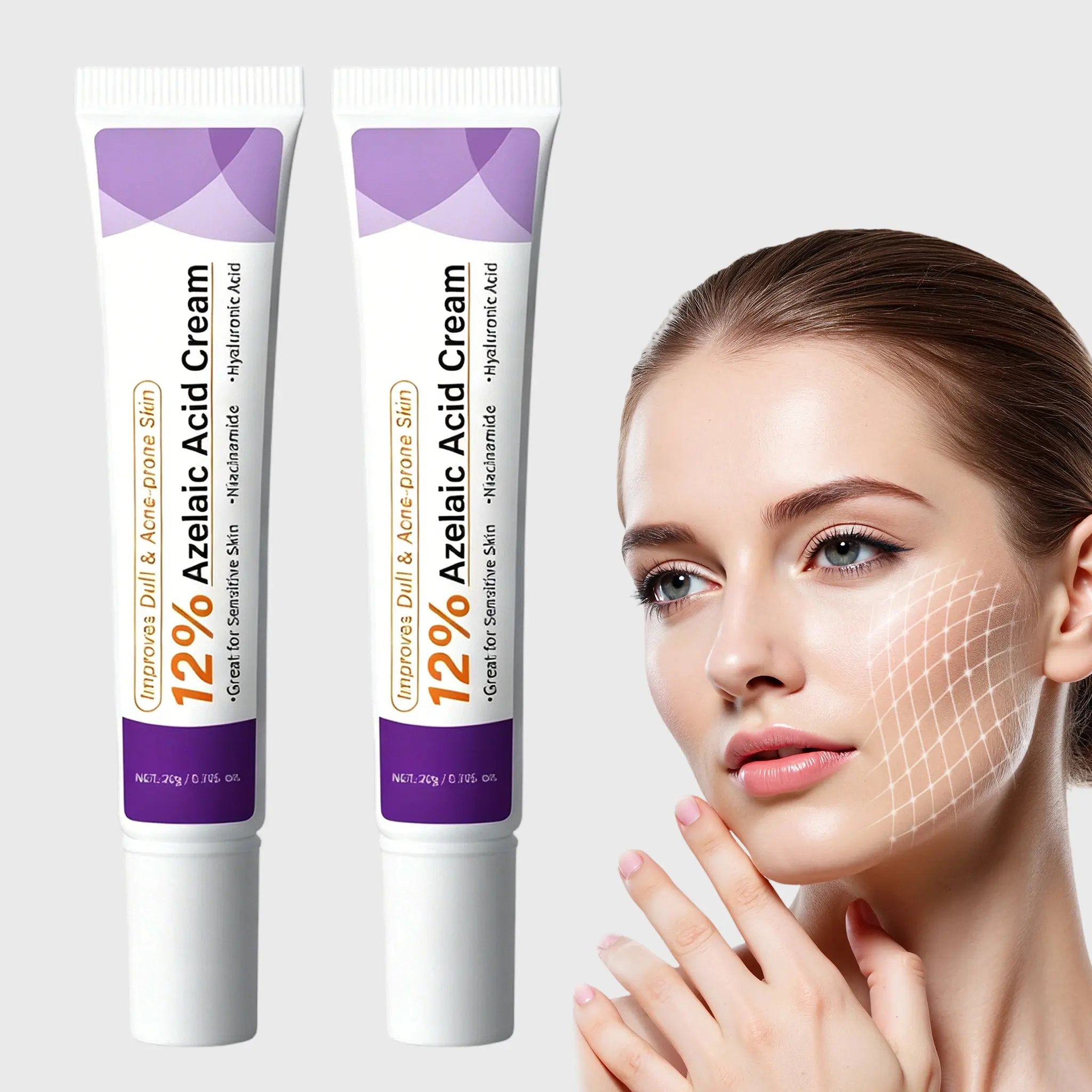 2PCS 12% Azelaic Acid Gentle Mild Daily Facial Serum with Hyaluronic Acid, Niacinamide - Reduces Redness, Fades Acne, Minimizes Pores - Cream Benefits, Dewy Skin Cream for Hydrate Skin Repair moisturizer for faceSuitable for All Skin Types