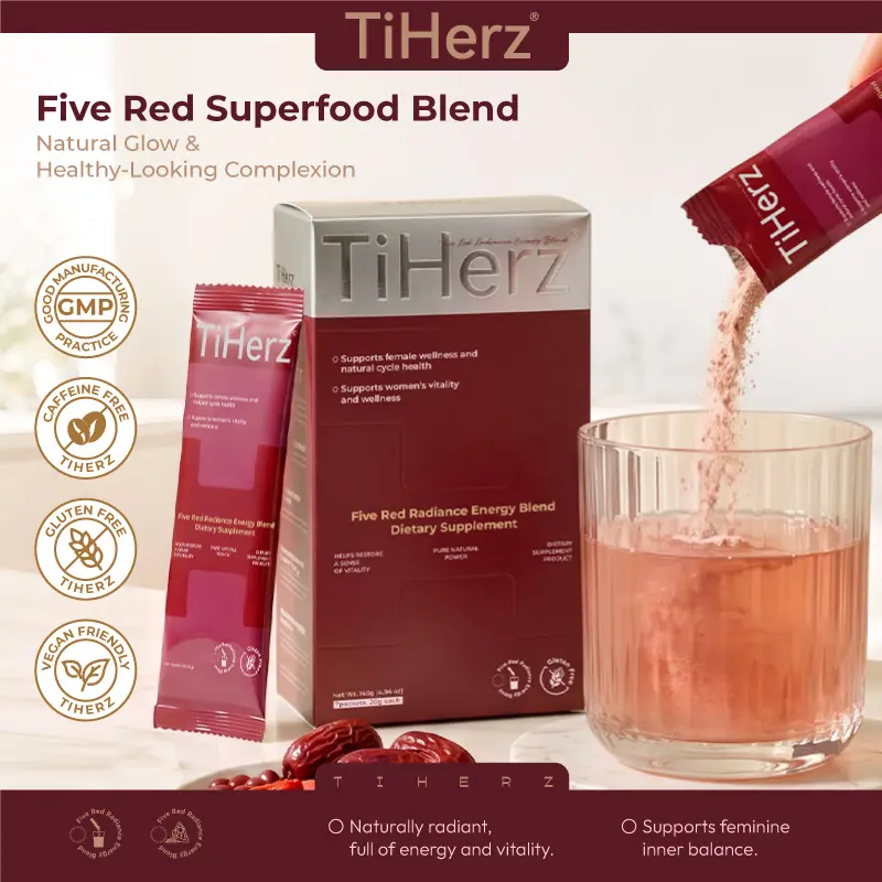 TiHerz 5 Red Superfood Blend Daily Drink Mix Powder, Individual Portable Stick Packs, Dietary Supplement