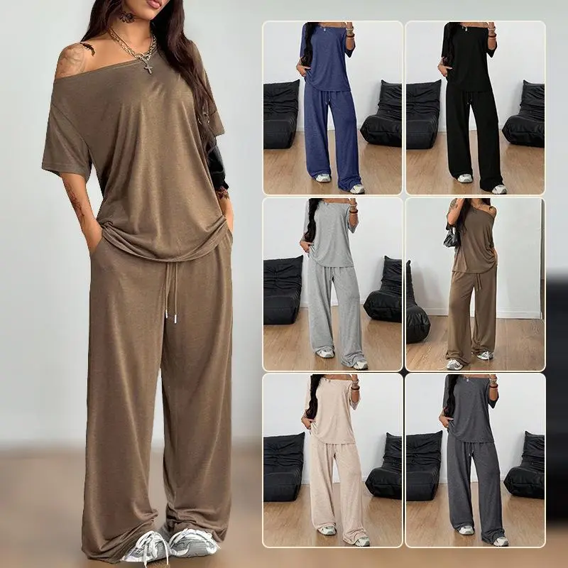 Women Off-Shoulder 2 Piece Set, Oversized Top and Wide Leg Elastic Drawstring Pants