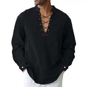 Men's Cotton Linen Shirt Drawstring Armband Tops Medieval Viking Pirate Renaissance Halloween Costume