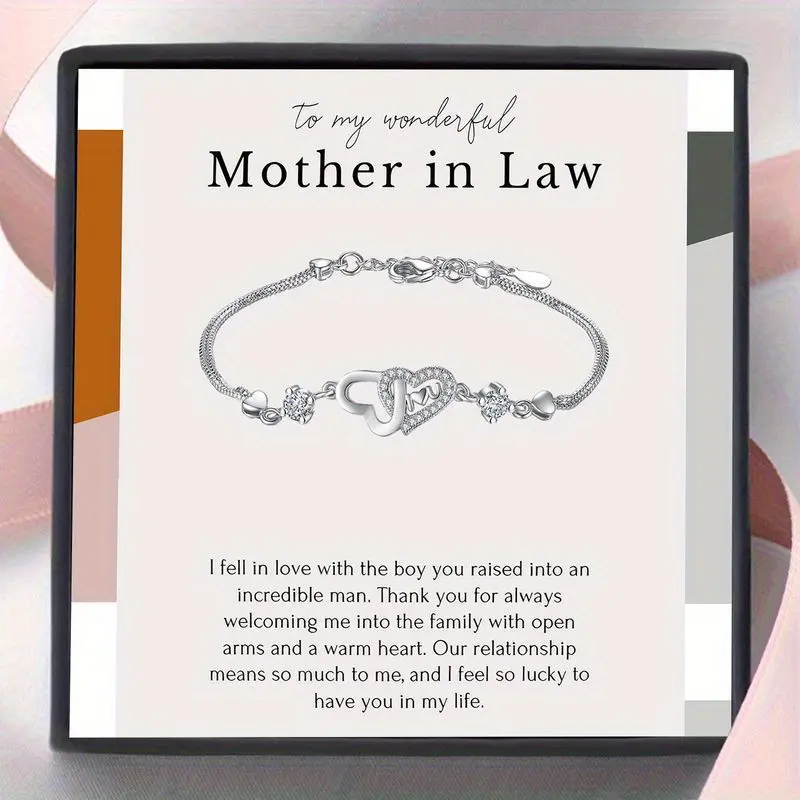 Love Heart Bracelet in gift box for mother-in-law, Bracelet gift for mother of groom at bride wedding, elegant thank you gift with gift box and greeting card, meaningful commemorative jewelry for special occasions