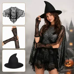 Women's Halloween Witch Costume Accessories Set with Spider Web Lace Cape Shawl, Fingerless Long Gloves, Black Pointed Witch Hat - Gothic Sorceress Cosplay Women's Clothes for Halloween Party