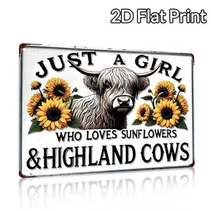 Just A Girl Who Loves Sunflowers & Highland Cows Vintage Metal Tin Sign 8x12 Inches Matte Finish Easy Installation for Home Decor metal wall sign Vintage Metal Tin Sign home decor plaque funny bar sign  Wall Decor