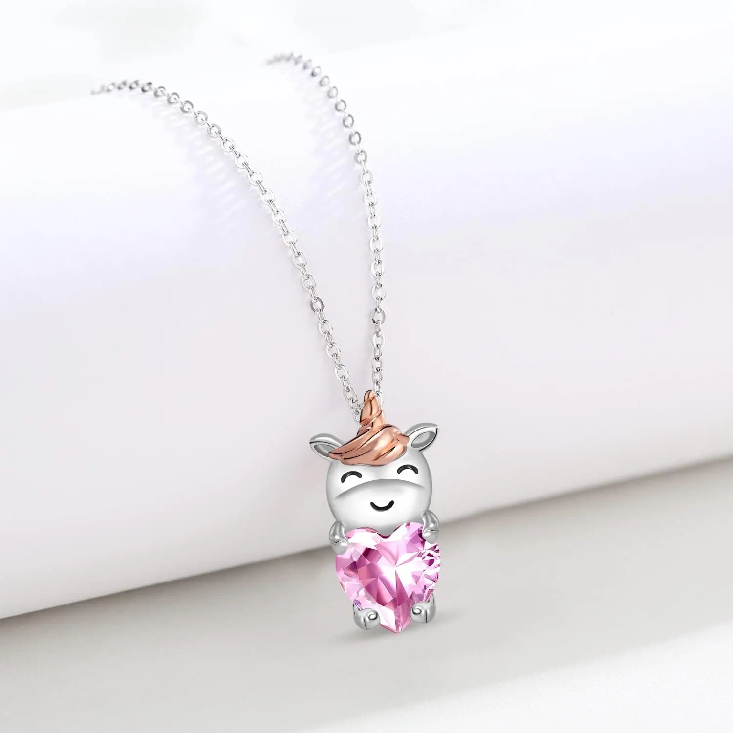 Unicorn Pendant Necklace with Geometric Pink Heart Charm, Sparkling Cubic Zirconia Alloy Fantasy Jewelry for Women Girls, Adjustable Chain, Unisex Appeal, Animal, Daily, Elegant, Short, Stainless Steel