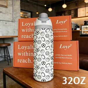 Loyr 32oz Dual Drink Water Bottle, Creative Football Pattern Insulated Thermo Tumbler, Stainless Steel, Perfect Gift for Men and Women