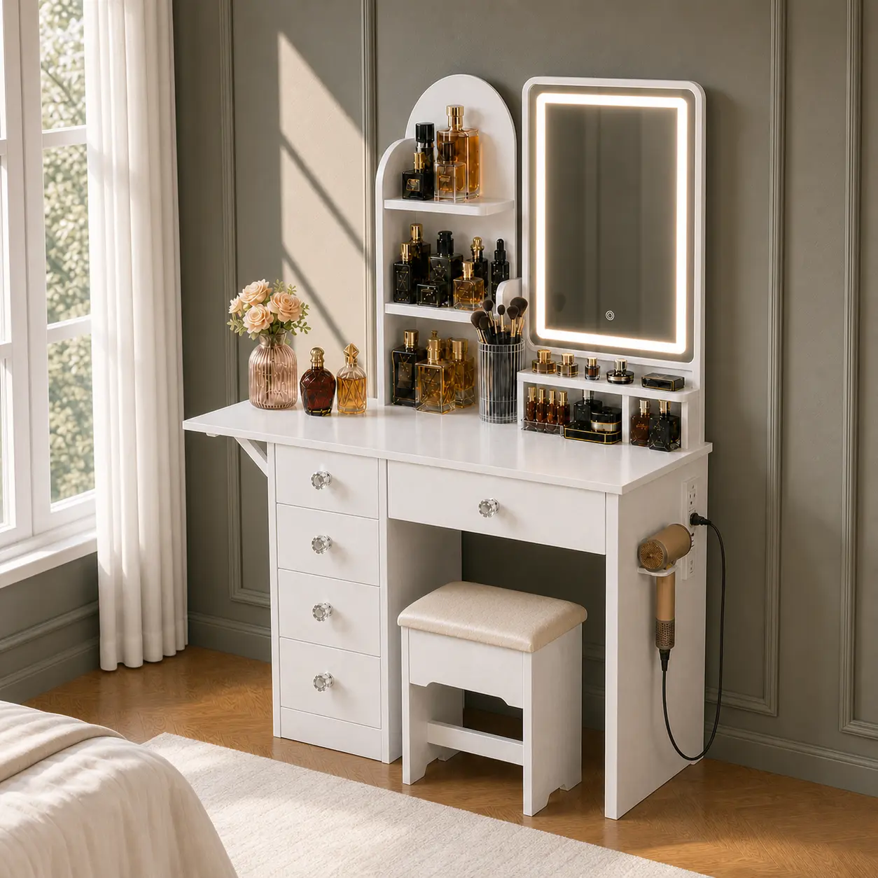 LIKIMIO Vanity Desk with Mirror & LED Light, Makeup Vanity Table with 5 Drawers, Power Outlet, and Vanity Stool, 3 Lighting Colors, Dressing Table for Bedroom