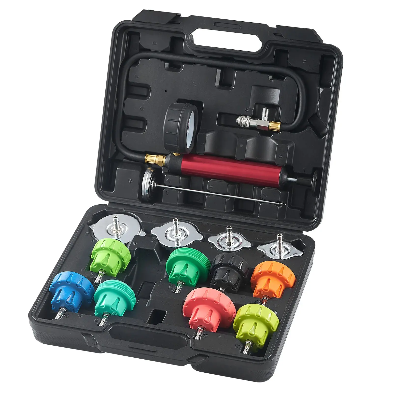 VEVOR 14-Piece Universal Radiator Pressure Tester Kit, Automotive Maintenance Tools with Manual Pump, Color-Coded Steel Test Cap Adapters & 6061 Aluminum Toolbox for Vehicle Cooling Systems (Cars, Motorcycles)