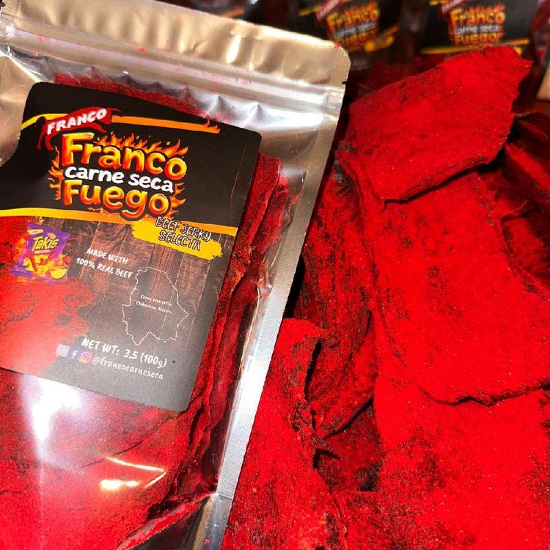 Franco Carne Seca Fuego Beef Jerky Spicy Snack 3.5 oz Dry Meat Snack Made with 100% Real Beef Dehydrated Fuego Takis Flavor