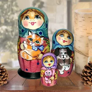 Friendship Cat and Dog Matreshka Nesting Hand-Painted Doll Set of 3 by G. DeBrekht - Pets Dog and Cats Décor - 14732