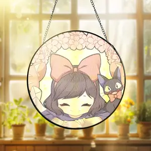 Kiki & Jiji Stained Glass Suncatcher – Studio Ghibli Window Hanging – Witch’s Delivery Service Anime Glass Art Decor