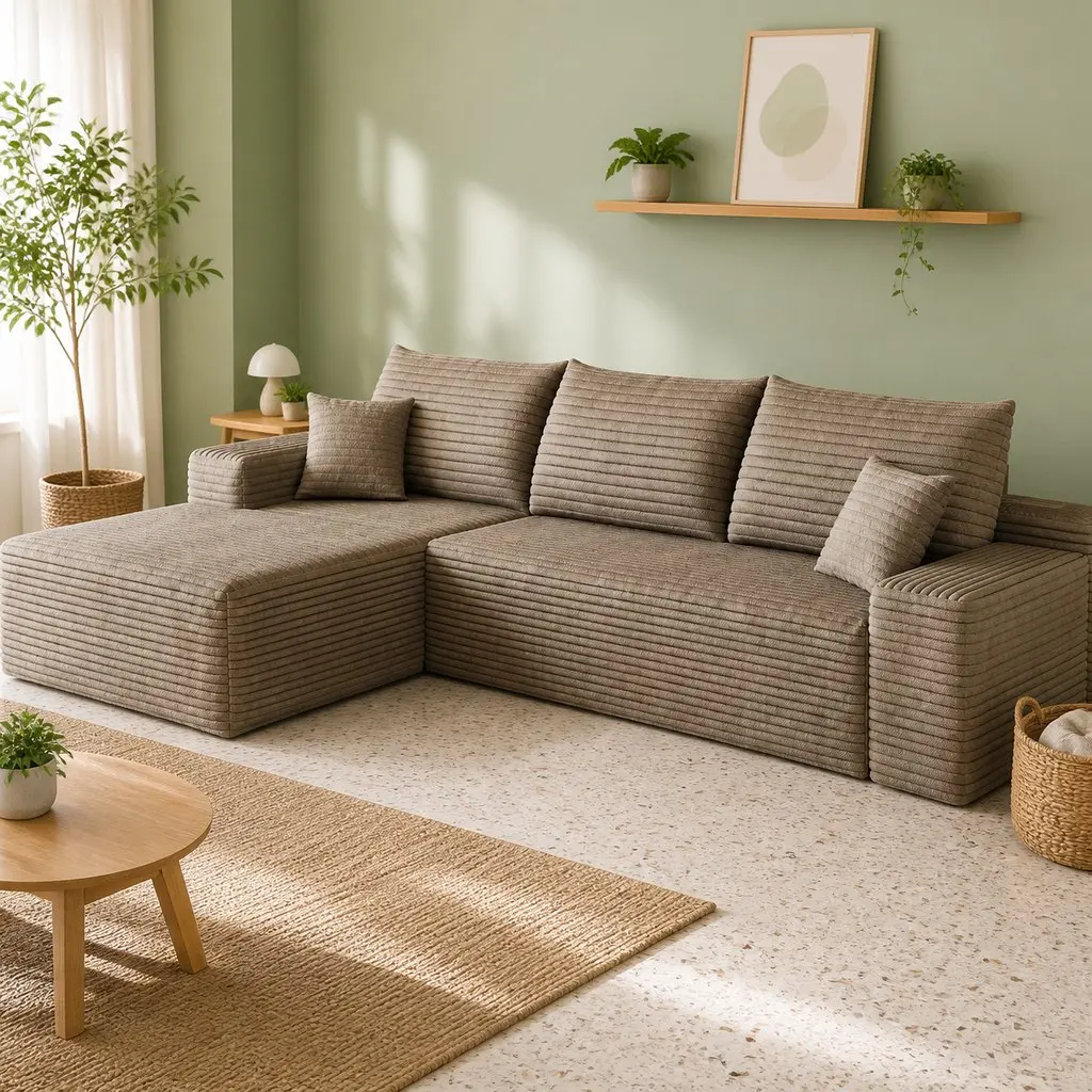107-Inch Modern Chaise Sectional Couch - Camel Plush Ribbed Corduroy, L-Shaped Boneless Structure, Left-Facing Chaise, Deep Seating, Wide Armrests, No-Assembly Modular Sofa for Small Living Rooms