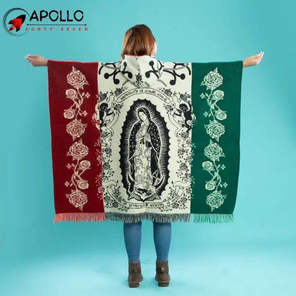 Authentic Hand-Woven Poncho (Unisex) - Mexican Flag/Virgin Mary Design Jackets