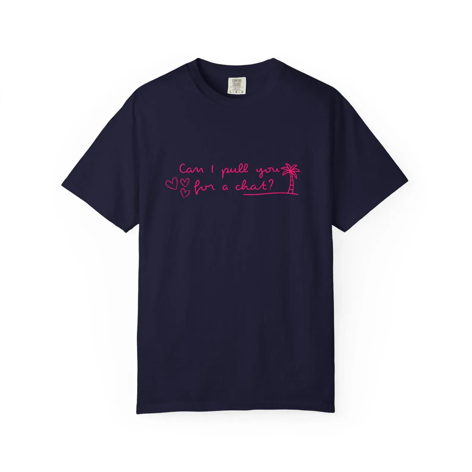 Women Oversized Graphic T-Shirt Can I Pull You For A Chat Pink Hand Drawn Heart Palm Tree Line Art Casual Summer Beach Vacation Soft Cotton Tee