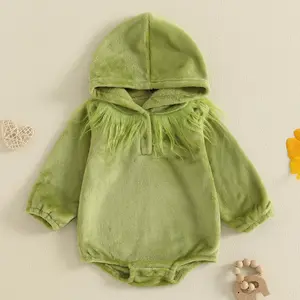 Newborn Baby Boy Girl Christmas Hooded Romper Green Monster Fuzzy Long Sleeve Bubble Jumpsuit Fall Winter Clothes