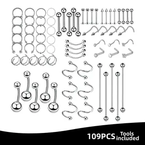 109PCS Premium Stainless Steel Body Jewelry Collection, 14G-16G-18G Shiny Unisex Accessories for Ear, Nose, Belly