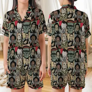 Halloween Horror Tour Pajama Set – Satin Sleepwear with Classic Scary Monster & Creepy Cartoon Prints, Spooky Loungewear for Women