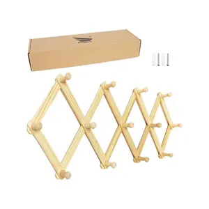 Accordion Style Expandable Wall Wooden Coat Rack 13 Hooks Pegs Hang Hats Jackets Coffee Mug Purses Necklaces Towels Cap Leash Scarves Data Line Kitchenwaregift