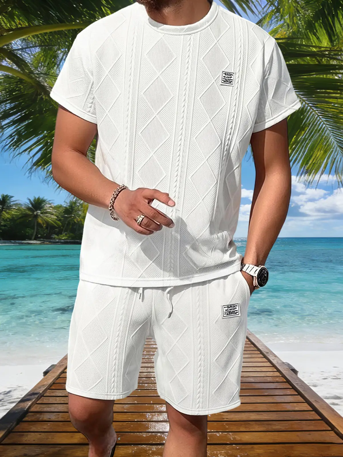 Men's 2-Piece Summer Casual Sports Set - Jacquard Textured Breathable Fabric, Round Neck Short-Sleeve T-Shirt & Shorts, Menswear for Daily Leisure, Running, Spring Gifts for Him, Two Piece Set