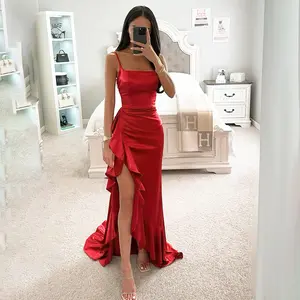 YJ24331PFO Women Ruffled Slit Party Sling Dress Irregular Wave Side Split Spaghetti Strap Plain Dresses, Satin Elegant Party Dress