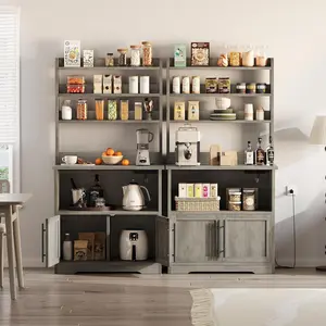 【GARVEE】Tall Large Storage Cabinet Kitchen Microwave Stand with 4-Tier Bakers Rack, Power Outlet, Cupboard, and Floor Cabinet for Living Room in Rustic Gray