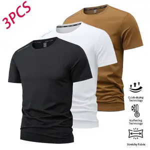 Men’s Ice Silk Quick-Dry Short-Sleeve T-Shirt, Pack of 3 — Lightweight, Breathable Summer Sports Fitness Crew Neck Undershirt, Casual, Polyester Mix