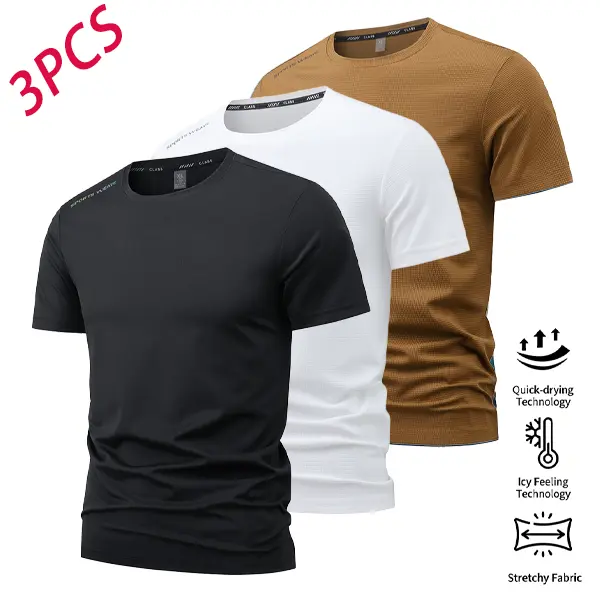 Men’s Ice Silk Quick-Dry Short-Sleeve T-Shirt, Pack of 3 — Lightweight, Breathable Summer Sports Fitness Crew Neck Undershirt, Casual, Polyester Mix