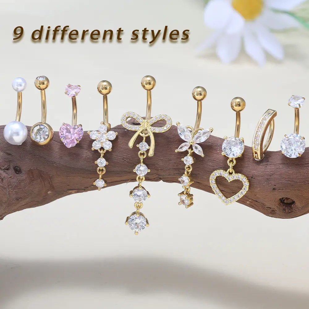 8 Pcs Gold Belly Button Ring Dangle Hypoallergenic Stainless Steel Belly Rings for Women CZ Heart Butterfly Bow Flower Navel Piercing Jewelry Dangly Curved Navel Ring