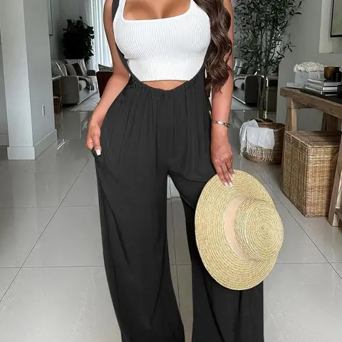 Women's Drawstring Tie Back Wide Leg Pocket Suspender Pants Casual Loose Fit Jumpsuit for Summer, Adjustable Design, Day Wear, Solid Color pants women linen pants