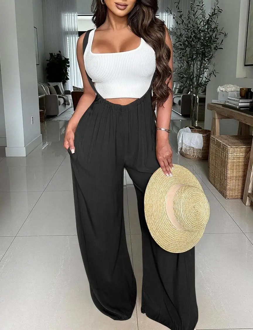 Women's Drawstring Tie Back Wide Leg Pocket Suspender Pants Casual Loose Fit Jumpsuit for Summer, Adjustable Design, Day Wear, Solid Color pants women