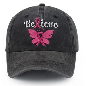 Breast Cancer Awareness Gift For Women, Pink Ribbon Believe Hat, Adjustable Washed Embroidered Cotton Chemo Caps for Breast Cancer Survivor, Cancer Care Gifts For Woman, Female, Mom, Grandma Friend