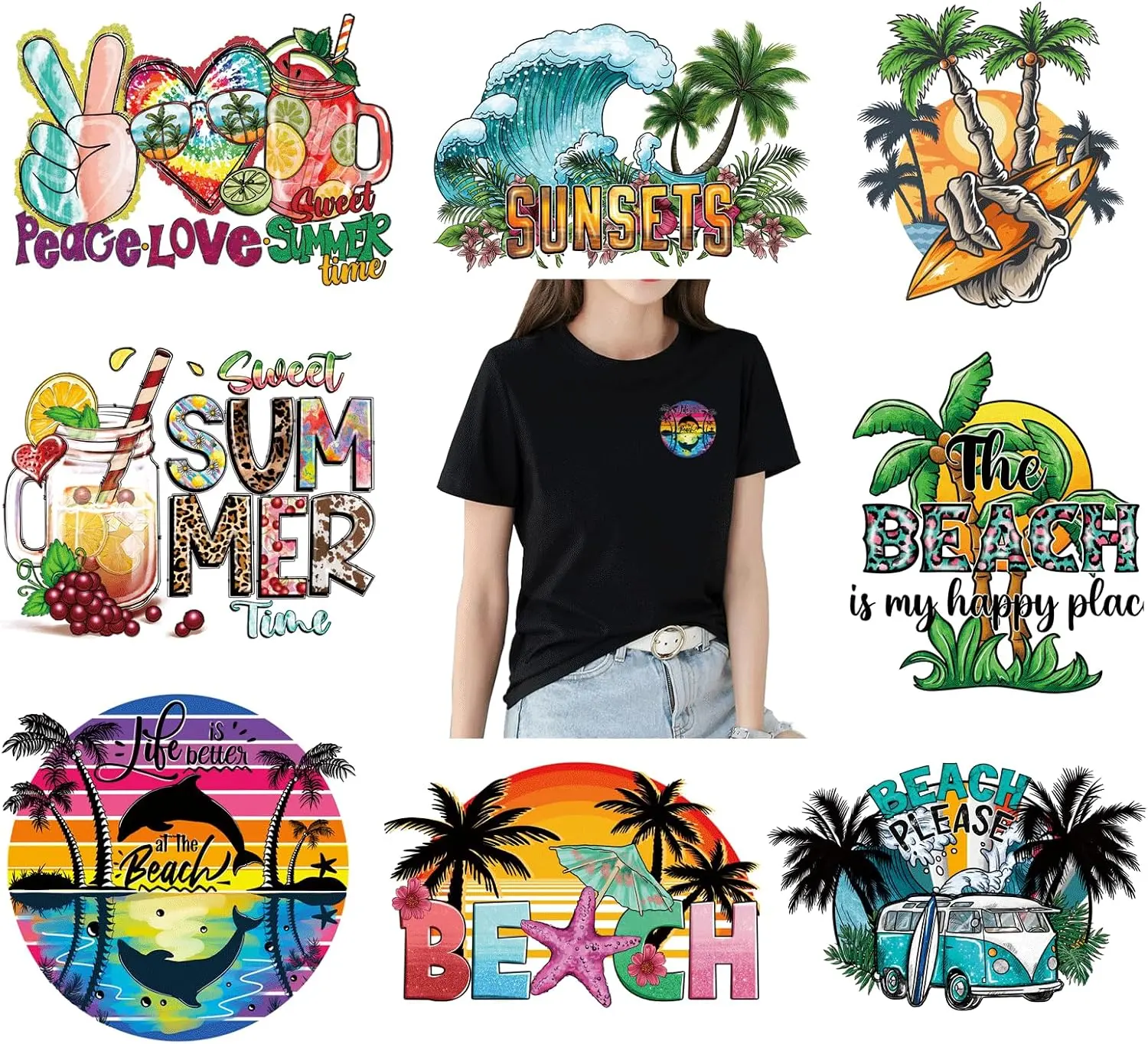 8PCS Beach Iron On Decals Thermal Transfer Stickers for Clothing Heat Press Decoration Appliqued Sublimation Patches Iron On Transfer Designs Heat Press Vinyl for Shirts (Small Size)