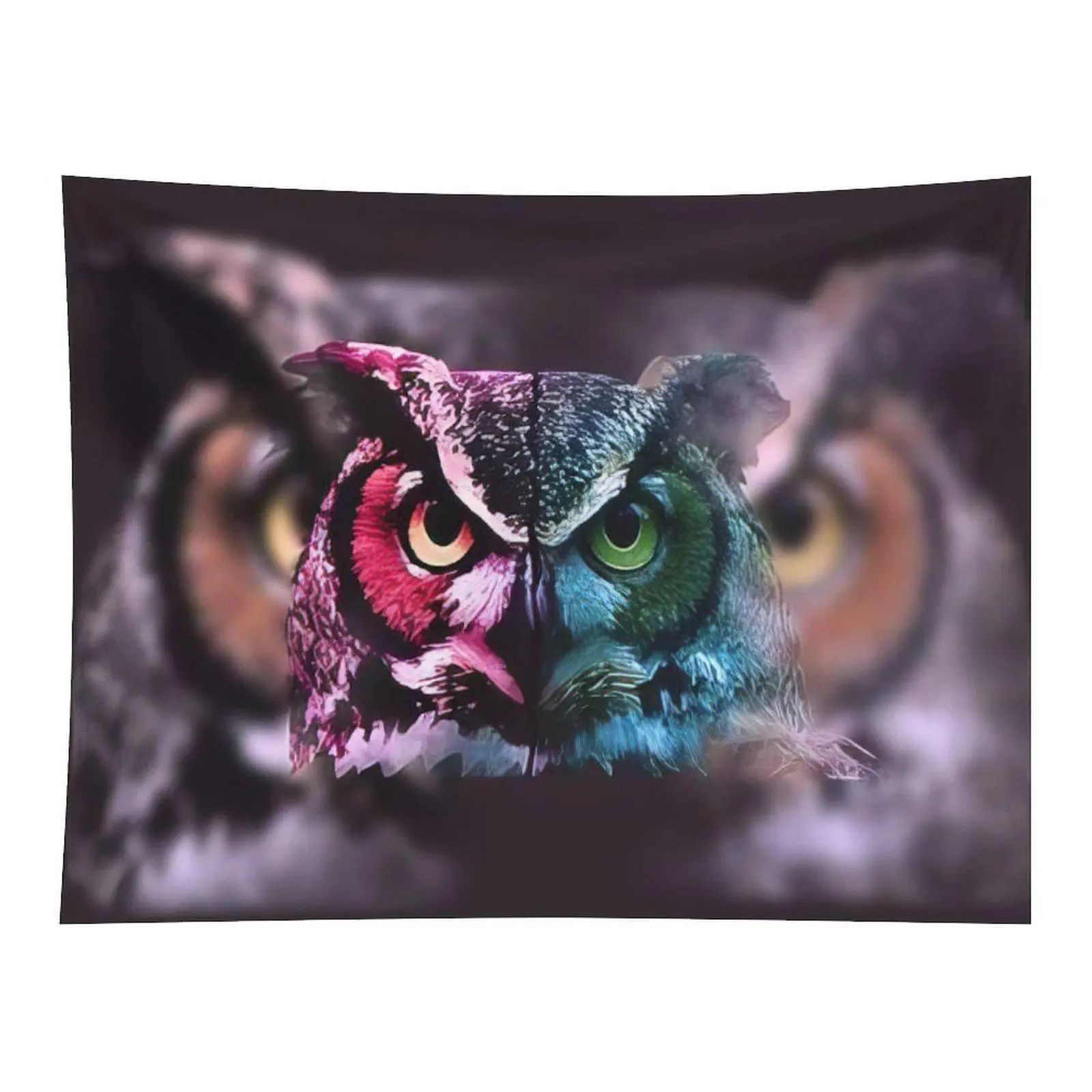Split Colorful Owl Face Wall Tapestry, Psychedelic Dual Tone Wild Bird Animal Art, Dark Background Mystic Creature Hanging Decor for Indoor Space